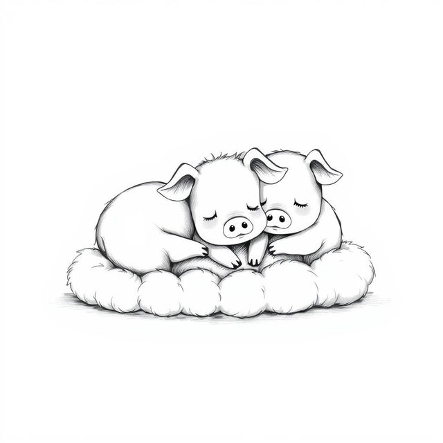 An adorable black and white illustration of piggies sleeping in a cozy, fluffy pile