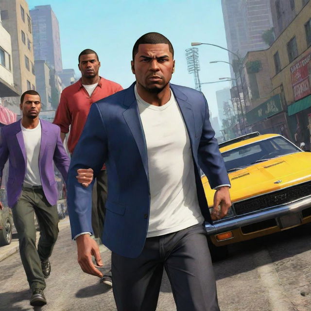 Anime-style characters in the environment of Grand Theft Auto 5, imbued with vibrant colors and high-energy action.