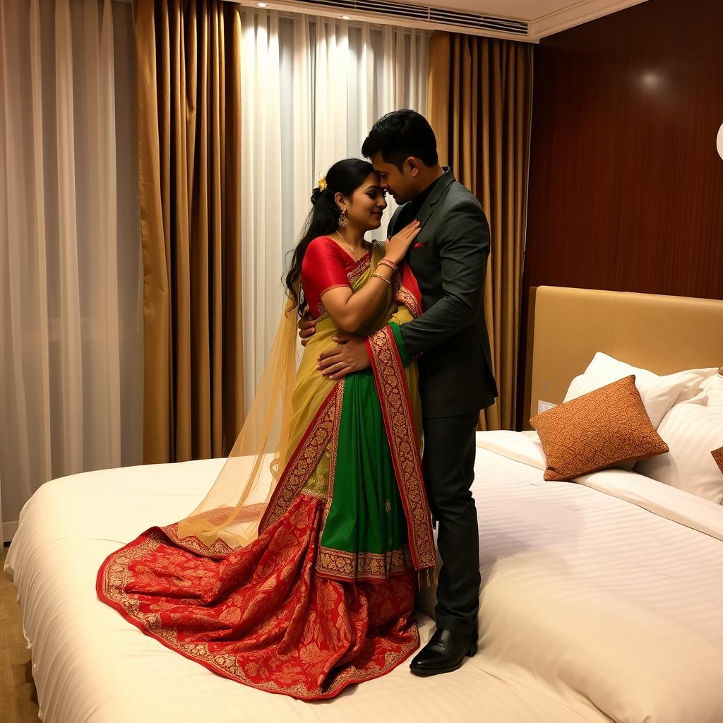 A romantic and intimate scene in an OYO room, featuring a Thai pornstar adorned in an elegant muga, cream, and red chadar, paired with a green mekhela and red blouse