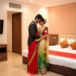 A romantic and intimate scene in an OYO room, featuring a Thai pornstar adorned in an elegant muga, cream, and red chadar, paired with a green mekhela and red blouse