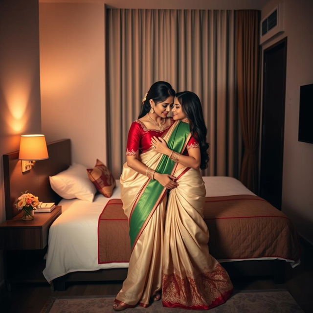 A romantic and intimate scene in an OYO room, featuring a Thai pornstar adorned in an elegant muga, cream, and red chadar, paired with a green mekhela and red blouse