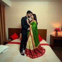 A romantic and intimate scene in an OYO room, featuring a Thai pornstar adorned in an elegant muga, cream, and red chadar, paired with a green mekhela and red blouse