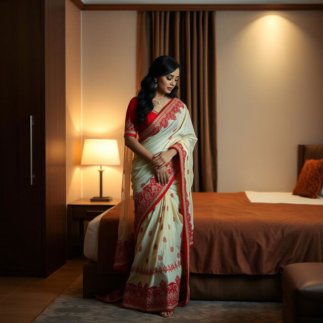 A sensual and intimate scene in an OYO room featuring a Thai pornstar dressed in an exquisite muga, cream and red chadar, with a matching red mekhela and blouse