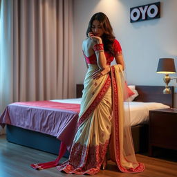 A sensual and intimate scene in an OYO room featuring a Thai pornstar dressed in an exquisite muga, cream and red chadar, with a matching red mekhela and blouse