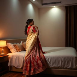 A sensual and intimate scene in an OYO room featuring a Thai pornstar dressed in an exquisite muga, cream and red chadar, with a matching red mekhela and blouse