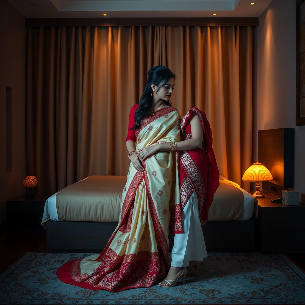 A sensual and intimate scene in an OYO room featuring a Thai actress in an elegant combination of muga, cream, and red chadar with a red mekhela and blouse