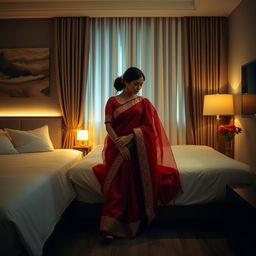 A sensual and intimate scene in an OYO room featuring a Thai actress in an elegant combination of muga, cream, and red chadar with a red mekhela and blouse