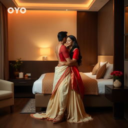 A sensual and intimate scene in an OYO room featuring a Thai actress in an elegant combination of muga, cream, and red chadar with a red mekhela and blouse