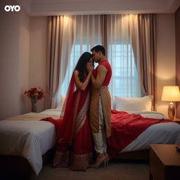 A sensual and intimate scene in an OYO room featuring a Thai actress in an elegant combination of muga, cream, and red chadar with a red mekhela and blouse