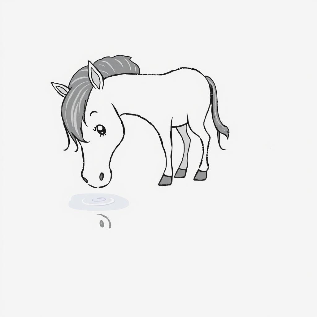 A charming black and white illustration of a horse gently drinking water from a bright stream