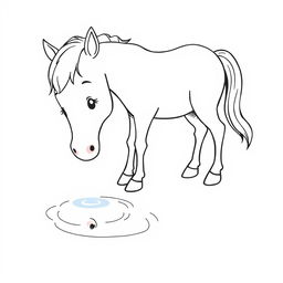 A charming black and white illustration of a horse gently drinking water from a bright stream