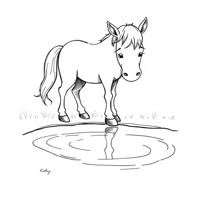 A charming black and white illustration of a horse gently drinking water from a bright stream