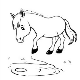 A charming black and white illustration of a horse gently drinking water from a bright stream