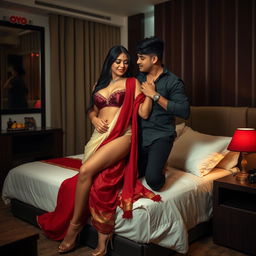 A sexually charged scene in an OYO room featuring a Thai pornstar with voluptuous curves, wearing a bra and an elegant combination of muga, cream and red chadar, complemented by a red mekhela and blouse