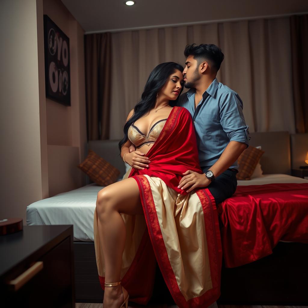 A sexually charged scene in an OYO room featuring a Thai pornstar with voluptuous curves, wearing a bra and an elegant combination of muga, cream and red chadar, complemented by a red mekhela and blouse