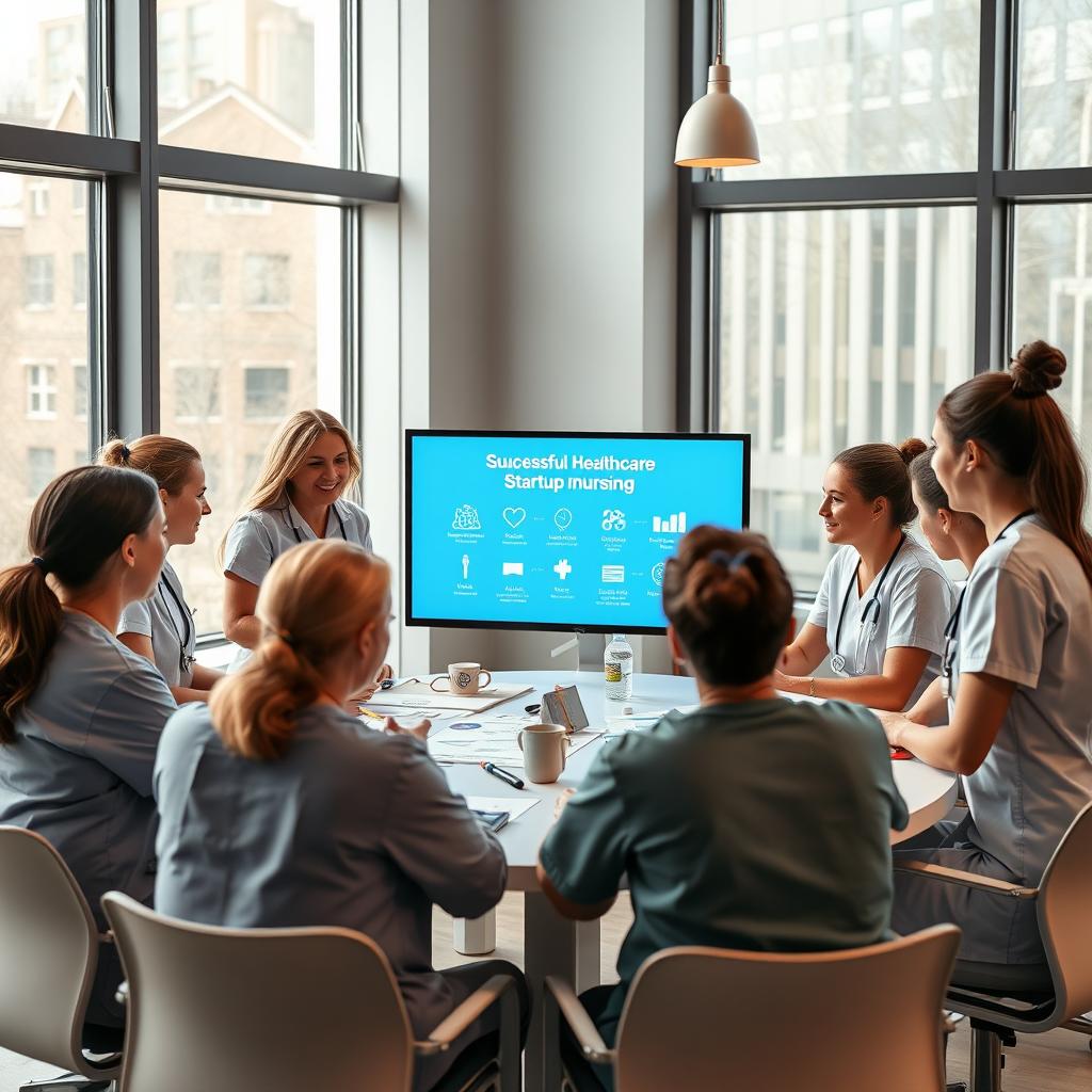 A group of nurses gathered around a table, discussing innovative ideas and projects in healthcare