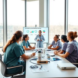 A group of nurses gathered around a table, discussing innovative ideas and projects in healthcare