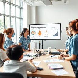 A group of nurses gathered around a table, discussing innovative ideas and projects in healthcare