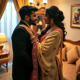 A romantic, intimate scene featuring a couple in a cozy room, where the woman is wearing a luxurious traditional attire including a cream and red muga chadar with a red mekhela and blouse