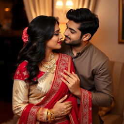 A romantic, intimate scene featuring a couple in a cozy room, where the woman is wearing a luxurious traditional attire including a cream and red muga chadar with a red mekhela and blouse