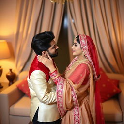 A romantic, intimate scene featuring a couple in a cozy room, where the woman is wearing a luxurious traditional attire including a cream and red muga chadar with a red mekhela and blouse