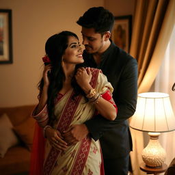 A romantic, intimate scene featuring a couple in a cozy room, where the woman is wearing a luxurious traditional attire including a cream and red muga chadar with a red mekhela and blouse