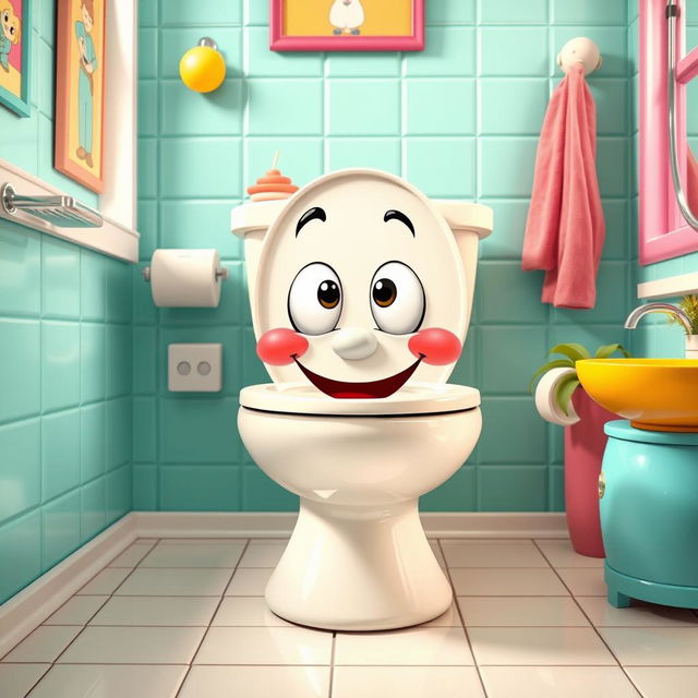 A humorous and playful depiction of the Skibidi toilet, a whimsical and colorful illustrated toilet design with cartoonish eyes and a big, cheeky smile