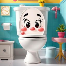 A humorous and playful depiction of the Skibidi toilet, a whimsical and colorful illustrated toilet design with cartoonish eyes and a big, cheeky smile