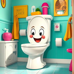 A humorous and playful depiction of the Skibidi toilet, a whimsical and colorful illustrated toilet design with cartoonish eyes and a big, cheeky smile