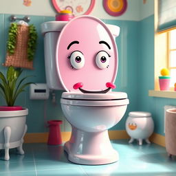 A humorous and playful depiction of the Skibidi toilet, a whimsical and colorful illustrated toilet design with cartoonish eyes and a big, cheeky smile