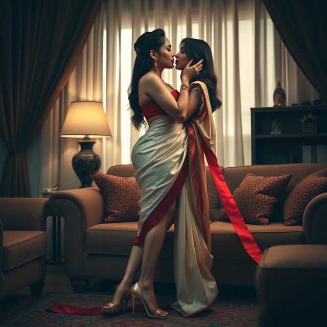 A sensually charged scene set in a cozy room, where a Thai couple is engaged in an intimate, romantic moment