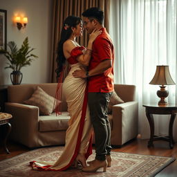 A sensually charged scene set in a cozy room, where a Thai couple is engaged in an intimate, romantic moment