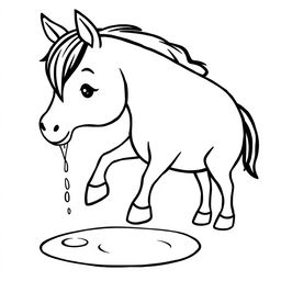 black and white drawing of a horse drinking water from a bright stream, set against a simple white background, minimalistic and child-friendly, with a clean and uncluttered design