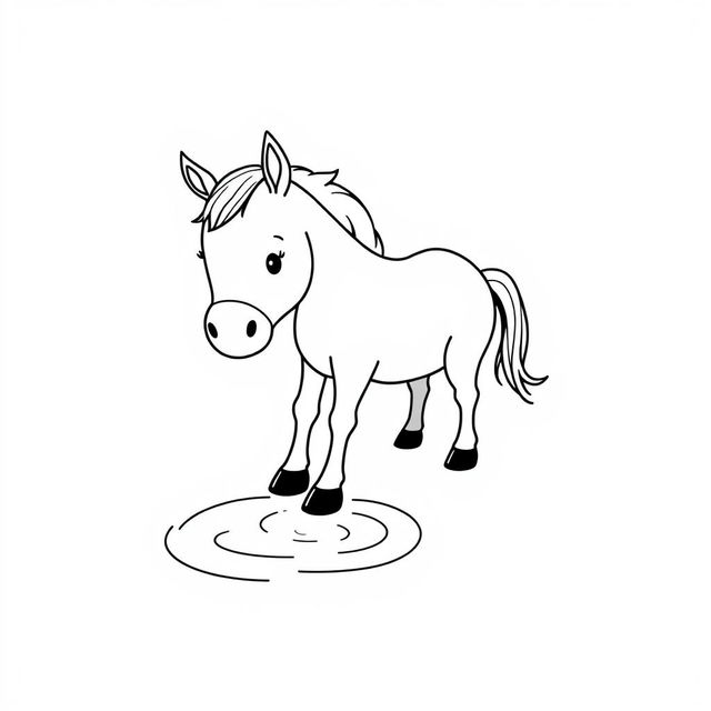 black and white drawing of a horse drinking water from a bright stream, set against a simple white background, minimalistic and child-friendly, with a clean and uncluttered design