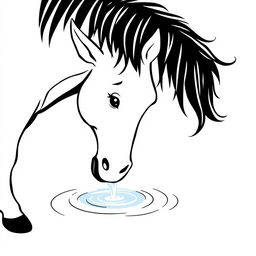 black and white drawing of a horse drinking water from a bright stream, set against a simple white background, minimalistic and child-friendly, with a clean and uncluttered design