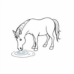 black and white drawing of a horse drinking water from a bright stream, set against a simple white background, minimalistic and child-friendly, with a clean and uncluttered design