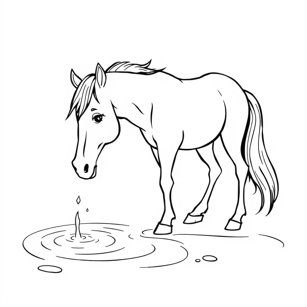 black and white drawing of a horse drinking water from a bright stream, simple and gentle lines, set against a white background, designed for children