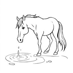 black and white drawing of a horse drinking water from a bright stream, simple and gentle lines, set against a white background, designed for children