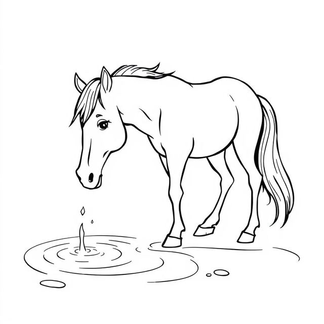 black and white drawing of a horse drinking water from a bright stream, simple and gentle lines, set against a white background, designed for children