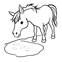 black and white drawing of a horse drinking water from a bright stream, simple and gentle lines, set against a white background, designed for children