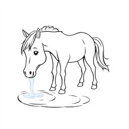 black and white drawing of a horse drinking water from a bright stream, simple and gentle lines, set against a white background, designed for children