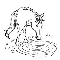 black and white drawing of a horse drinking water from a bright stream, simple and gentle lines, set against a white background, designed for children