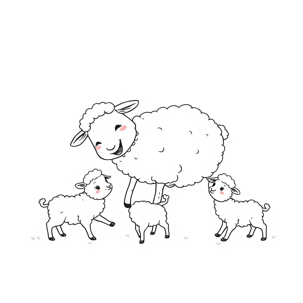 black and white drawing of a sheep joyfully playing with its cubs, set against a simple white background, emphasizing cute and playful interactions