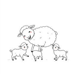 black and white drawing of a sheep joyfully playing with its cubs, set against a simple white background, emphasizing cute and playful interactions