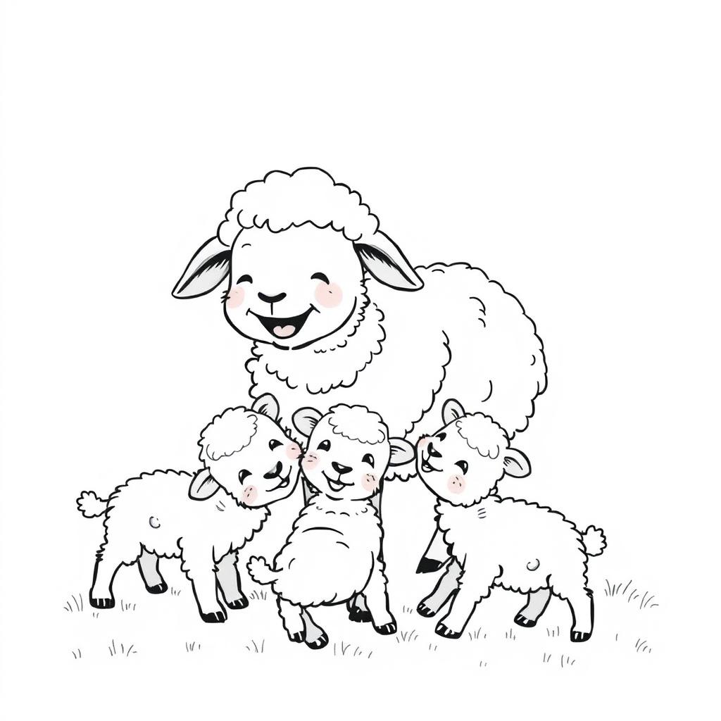 black and white drawing of a sheep joyfully playing with its cubs, set against a simple white background, emphasizing cute and playful interactions