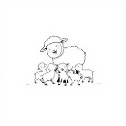 black and white drawing of a sheep joyfully playing with its cubs, set against a simple white background, emphasizing cute and playful interactions