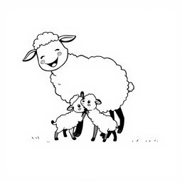 black and white drawing of a sheep joyfully playing with its cubs, set against a simple white background, emphasizing cute and playful interactions