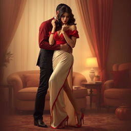 sensual and elegant depiction of an adult couple in an intimate setting, featuring a woman with a striking figure wearing an elegant Mekhela Chadar in cream and red with a red blouse and high heels