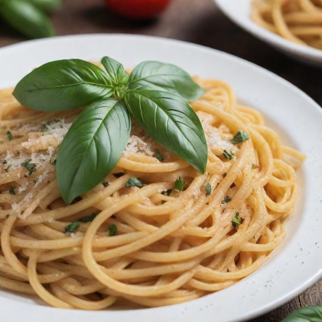 A close-up image of a plate of freshly cooked spaghetti sprinkled with parmesan cheese and garnished with basil leaves