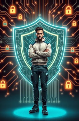 A digital shield symbolizing protection against scammers, featuring intricate circuitry patterns and a determined individual standing confidently in front of it, wearing modern smart clothing with a tech-inspired design